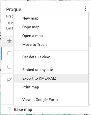 Google My Maps export dialog showing KML format selection