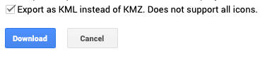 Google My Maps export menu showing Export to KML/KMZ option